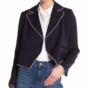 NWT $575 FRAME Navy and White Contrast Pip Double Breasted Cropped Blazer - 0!